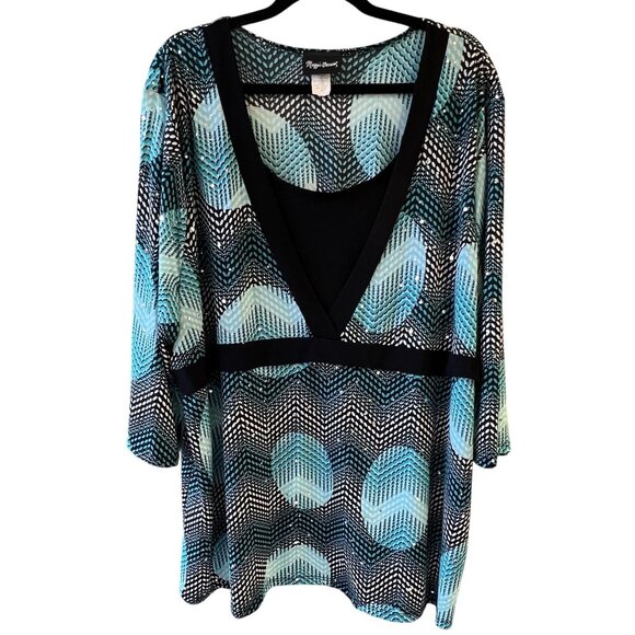 Maggie Barnes Womens 3X Blue Black Geometric Embellishment Retro Vibe Boho Top - Picture 1 of 6